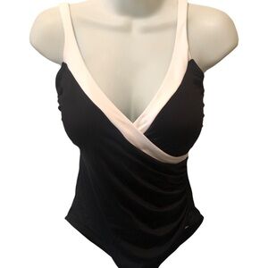Bond Eye NIPTUCK Slimming Ruched Wrap Top One Piece Swimsuit 8 Black White Tux